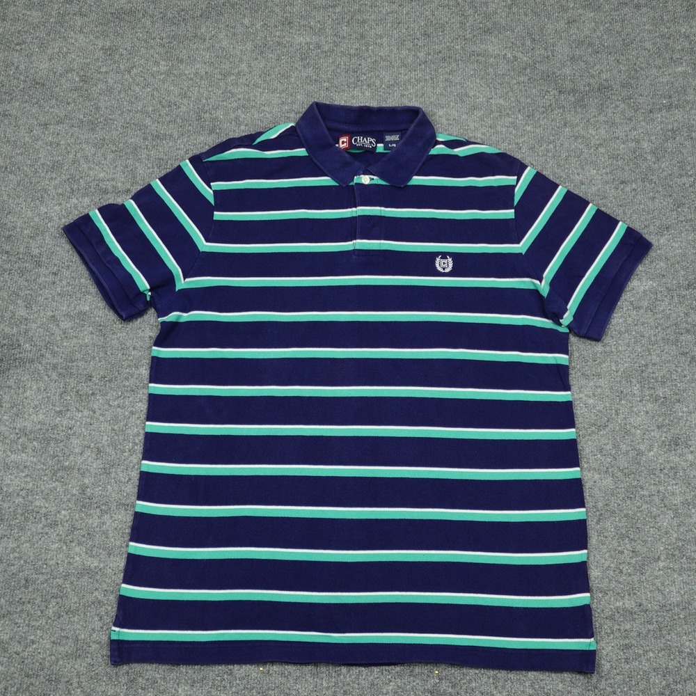 Chaps Shirt Mens Large Blue Striped Short Sleeve Cotton Pique Polo